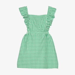 GINGHAM RUFFLED DRESS  GREEN+WHITE - Size : (8)