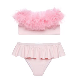 Pink Draped Bikini with Tulle- سباحه ملابس - Size : (6)