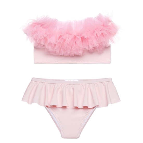 Pink Draped Bikini with Tulle- سباحه ملابس