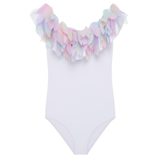 White draped swimsuit with Unicorn Petals- سباحه ملابس