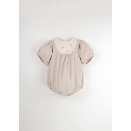 Embroidered Romper Suit w/ Yoke  Sand