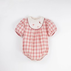 Embroidered Romper Suit w/ Yoke  Pink check - Size : (2-3)