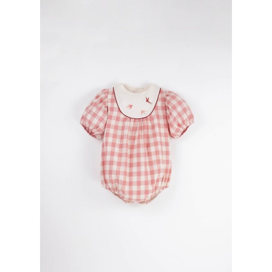 Embroidered Romper Suit w/ Yoke  Pink check