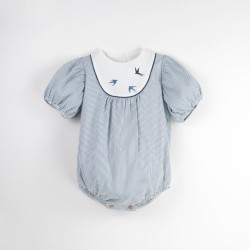 Embroidered Romper Suit w/ Yoke  Striped - Size : (2-3)