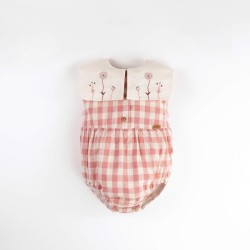 Romper Suit w/ Bib Collar  Pink Check - Size : (3-4)
