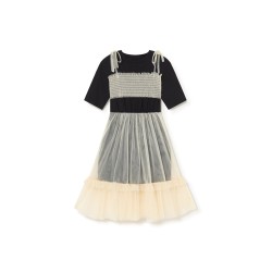 Wednesday Tulle Top T-Shirt Dress-cream-black - Size : (6-7)