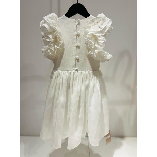 Linen Dress with Ruffles on the Shoulderwhite
