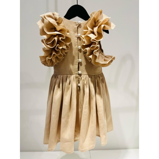 Linen Dress with Riffles on the Shouldersbeige