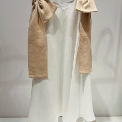 Linen Dress with Bows on the Shoulderswhite/beige - Size : (6)