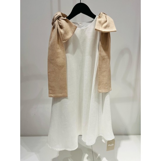 Linen Dress with Bows on the Shoulderswhite/beige