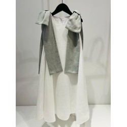 Linen Dress with Bows on the Shoulderswhite/gray - Size : (2)