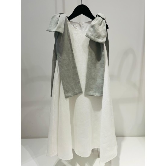 Linen Dress with Bows on the Shoulderswhite/gray