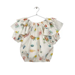 MEDITERRANEAN-PRINT RUFFLED TOP  OFF-WHITE - Size : (2)