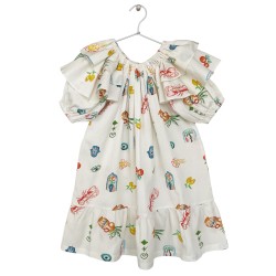 MEDITERRANEAN-PRINT RUFFLED DRESS  OFF-WHITE - Size : (2)