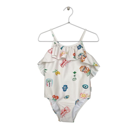 MEDITERRANEAN-PRINT RUFFLED SWIMSUIT   OFF-WHITE