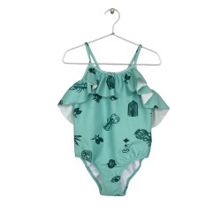 MEDITERRANEAN-PRINT RUFFLED SWIMSUIT -  green - Size : (6)